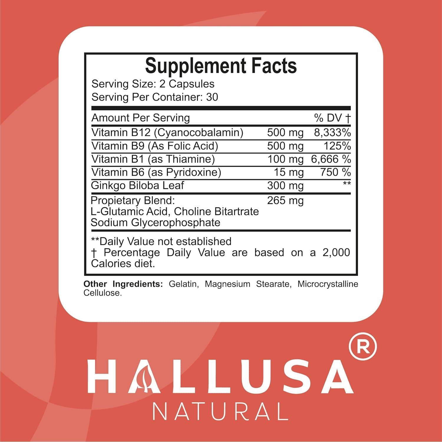 Suplemento Cerebral Hallusa Natural 60 Cápsulas Ginkgo Biloba B12 B9 B6