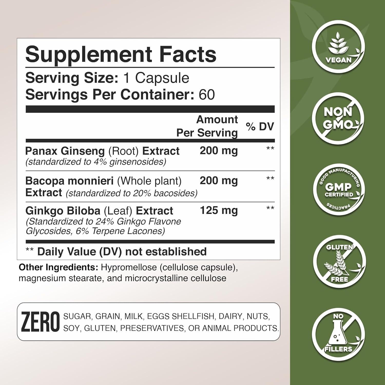 Suplemento Ginkgo Biloba Ginseng Bacopa Monnieri 60 Cápsulas