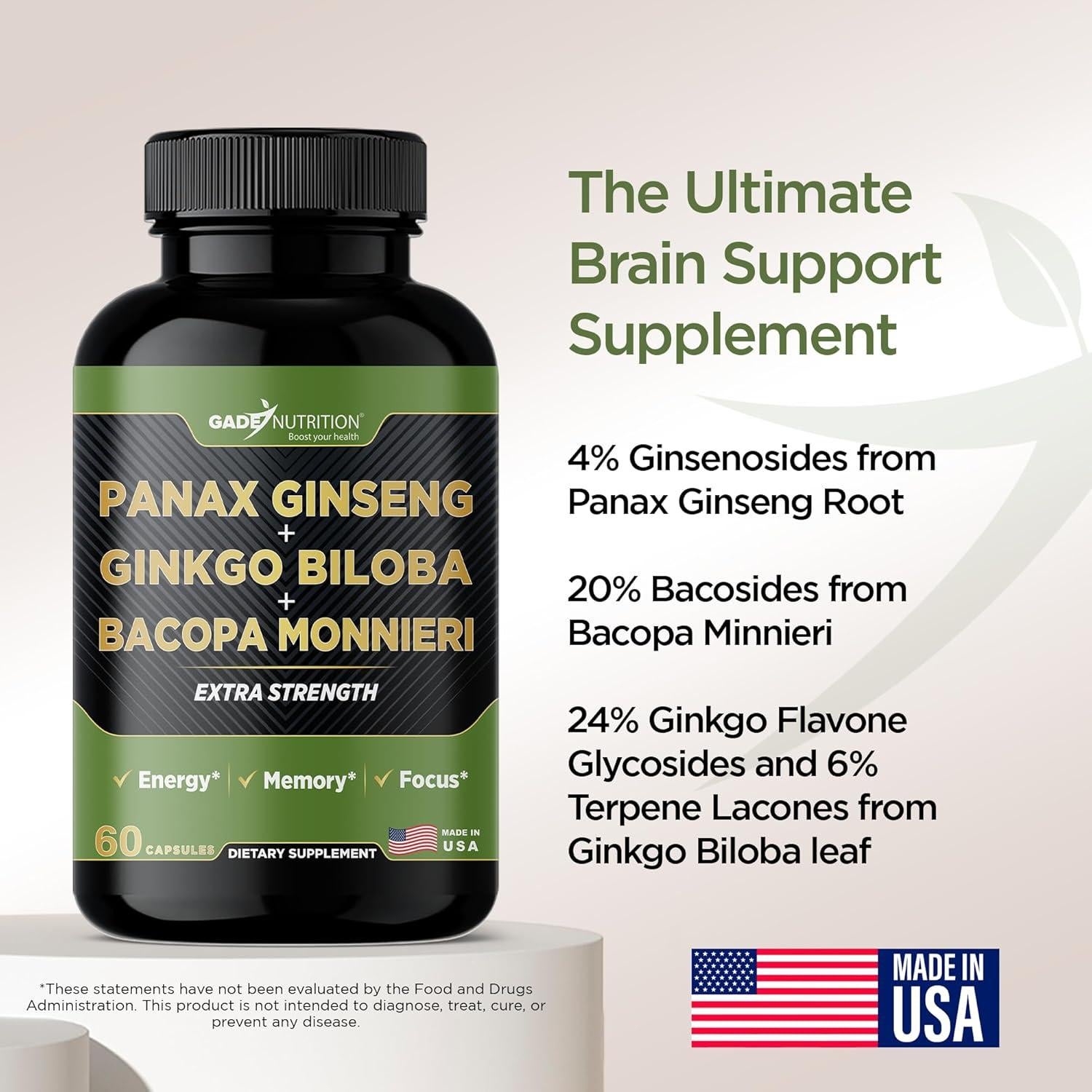 Suplemento Ginkgo Biloba Ginseng Bacopa Monnieri 60 Cápsulas