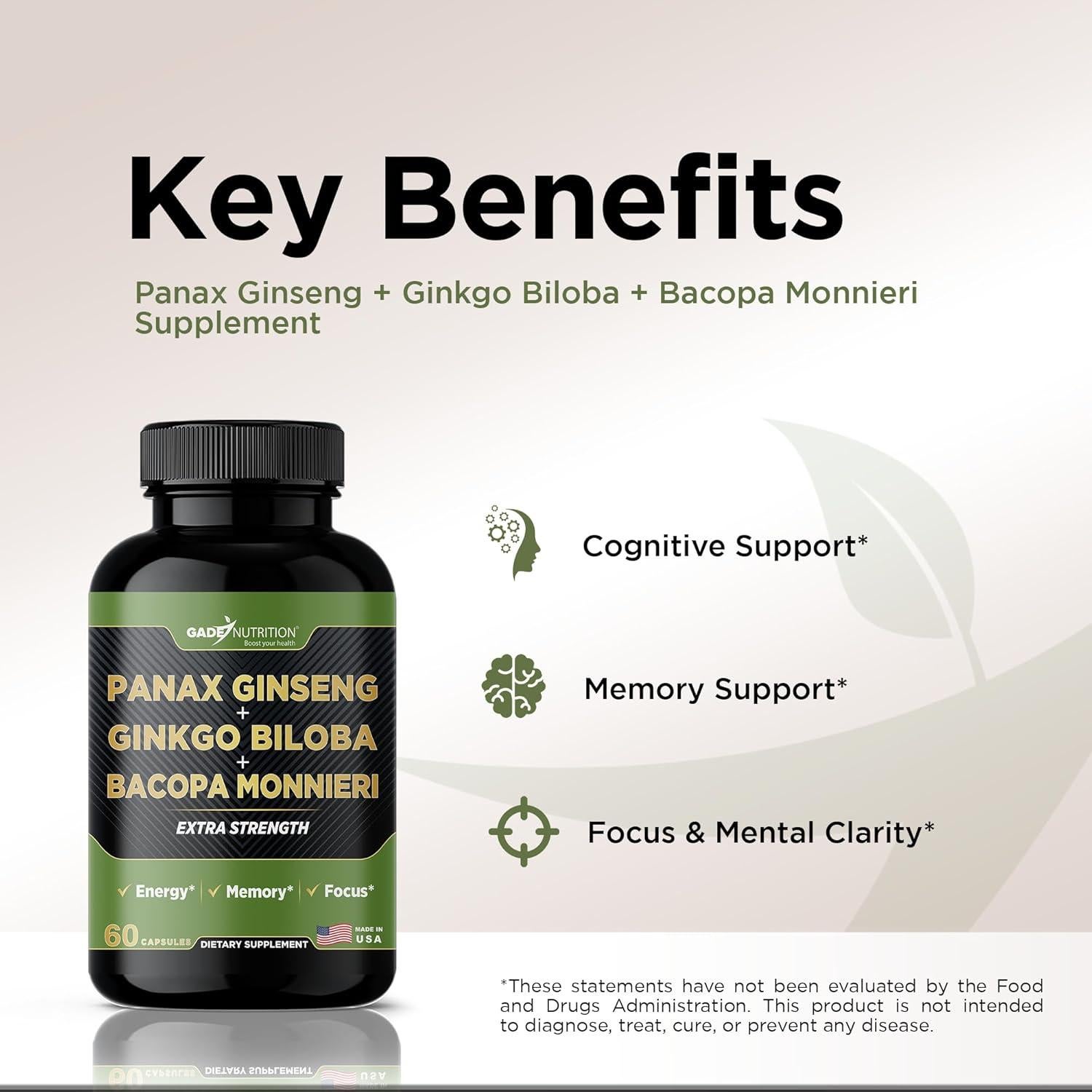 Suplemento Ginkgo Biloba Ginseng Bacopa Monnieri 60 Cápsulas