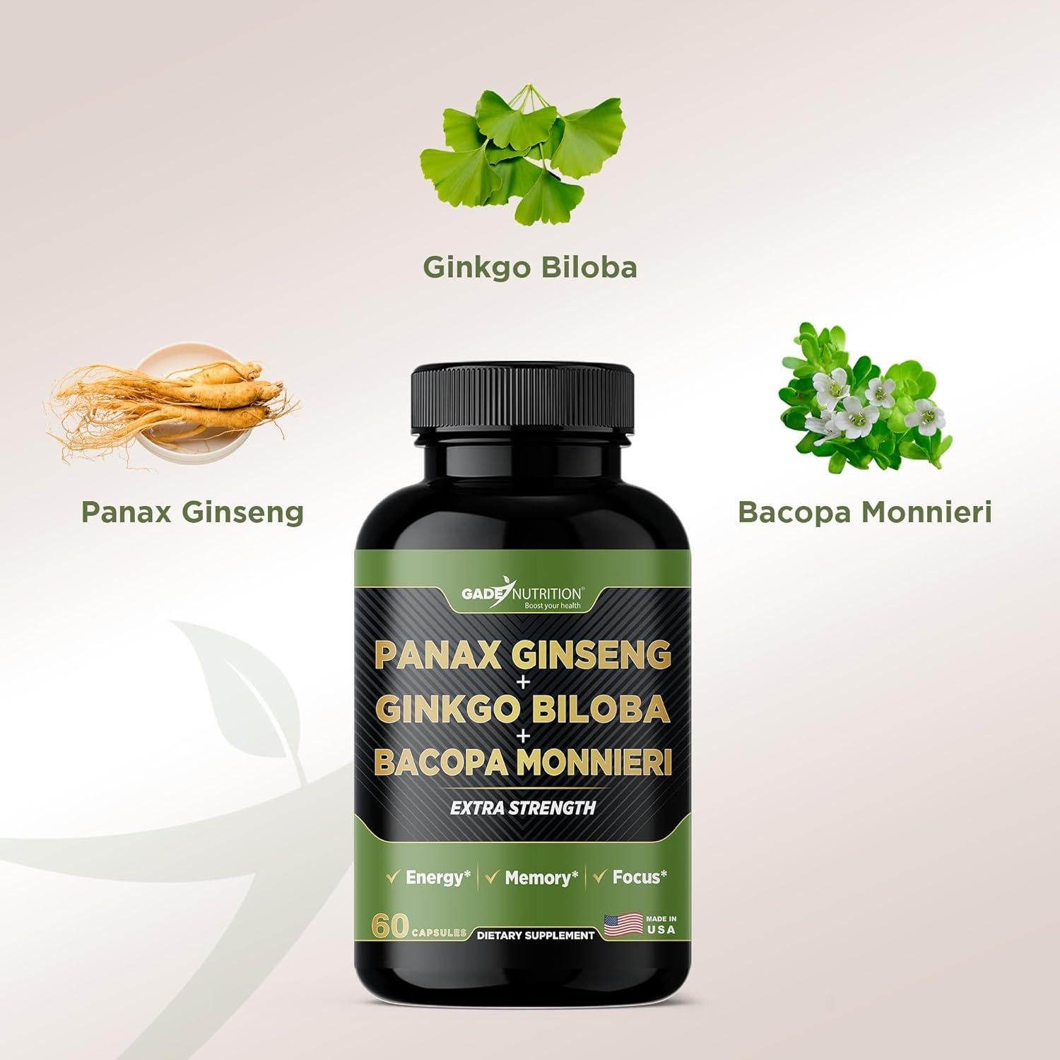 Suplemento Ginkgo Biloba Ginseng Bacopa Monnieri 60 Cápsulas