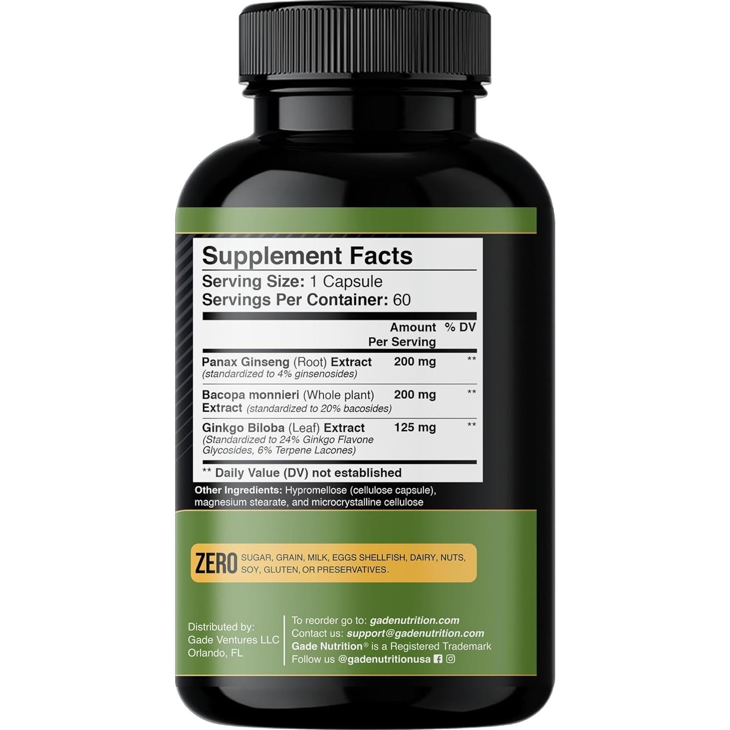 Suplemento Ginkgo Biloba Ginseng Bacopa Monnieri 60 Cápsulas