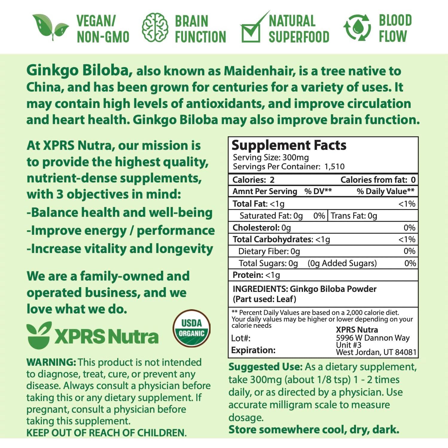 Polvo Orgánico de Ginkgo Biloba XPRS Nutra 453.6 g - Suplemento Vegano