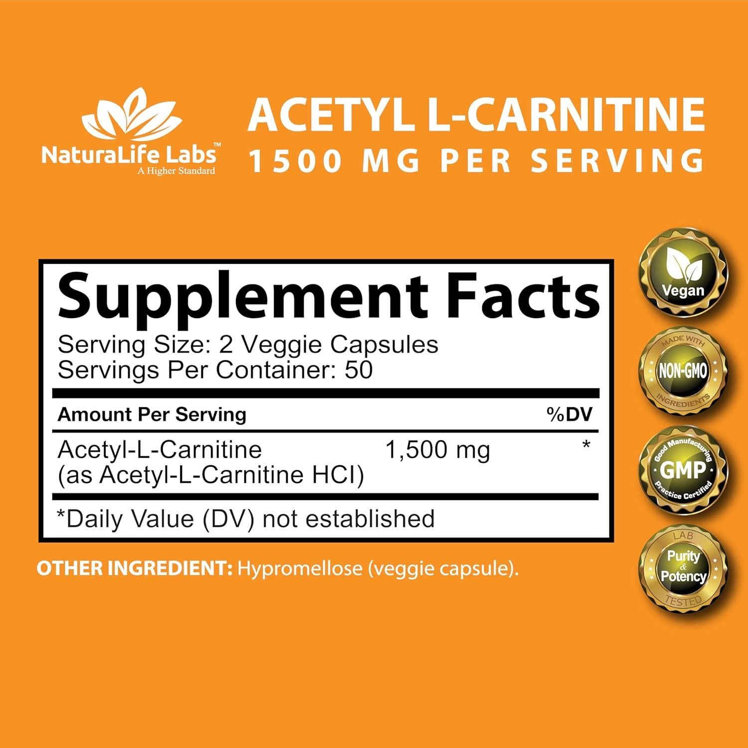 Acetil L-Carnitina 1500 mg NaturaLife Labs - 100 Cápsulas Vegetales