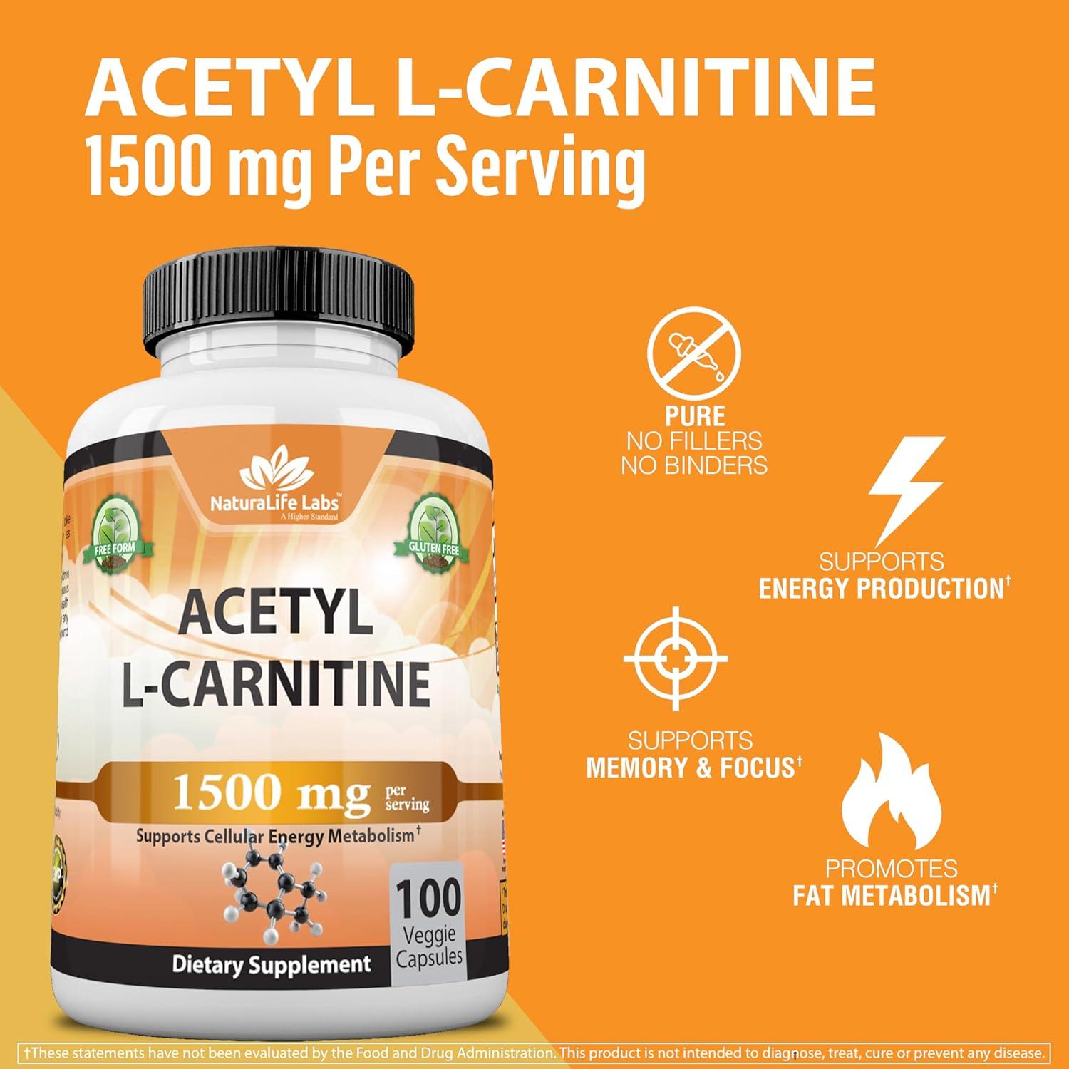 Acetil L-Carnitina 1500 mg NaturaLife Labs - 100 Cápsulas Vegetales