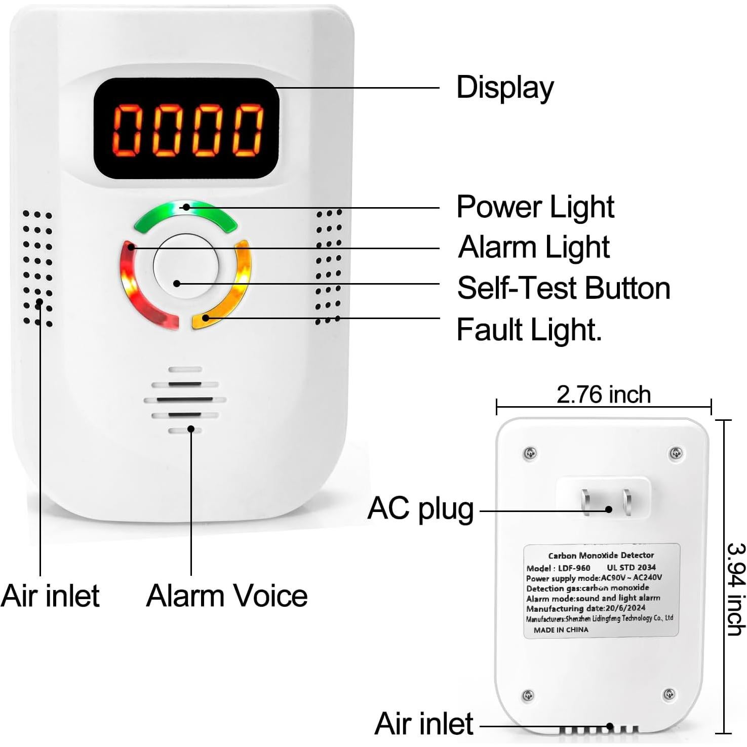 Detector de Monóxido de Carbono Enchufable COOKSS LDF-960 con Pantalla LCD