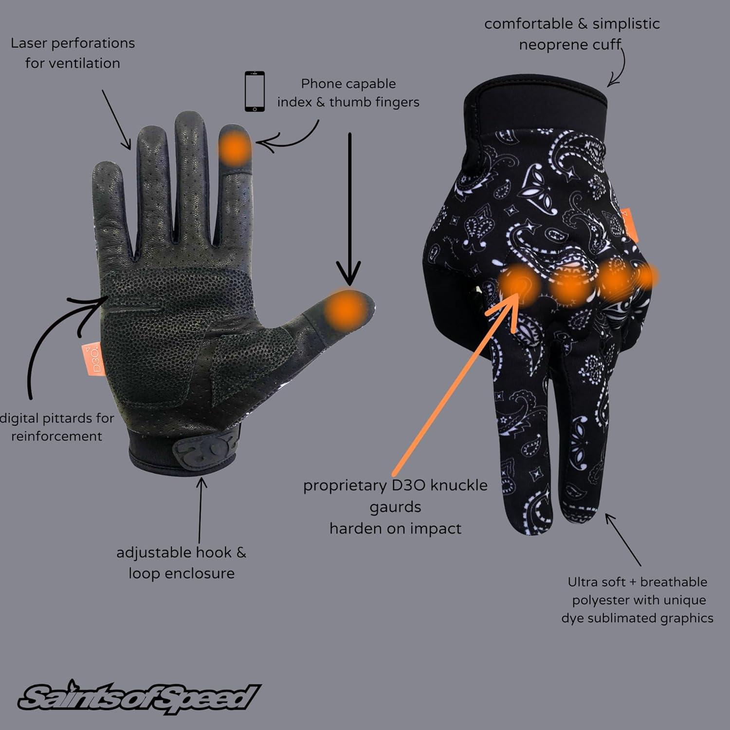 Guantes de Motocicleta Saints of Speed - Cuero, Táctiles, Negro