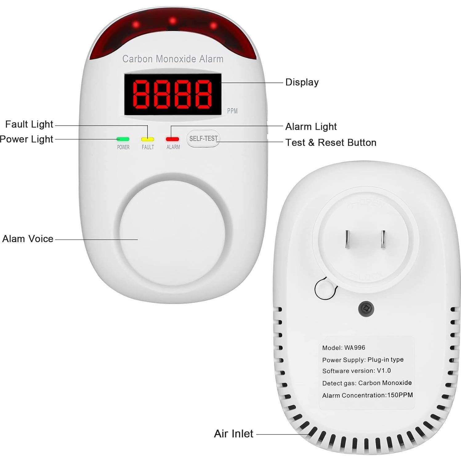 Detector de Monóxido de Carbono Vzmcov Co-3pack con Alarma LED