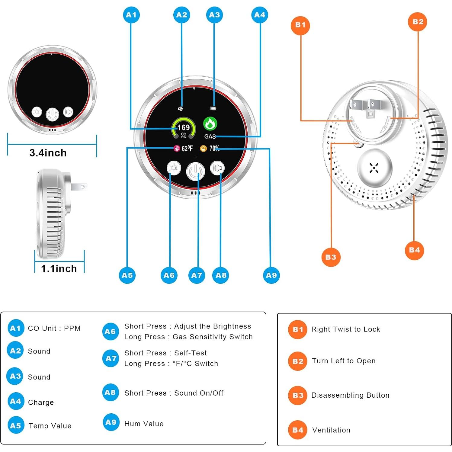 Detector de Monóxido de Carbono y Gas Natural Tarewoeki HD13