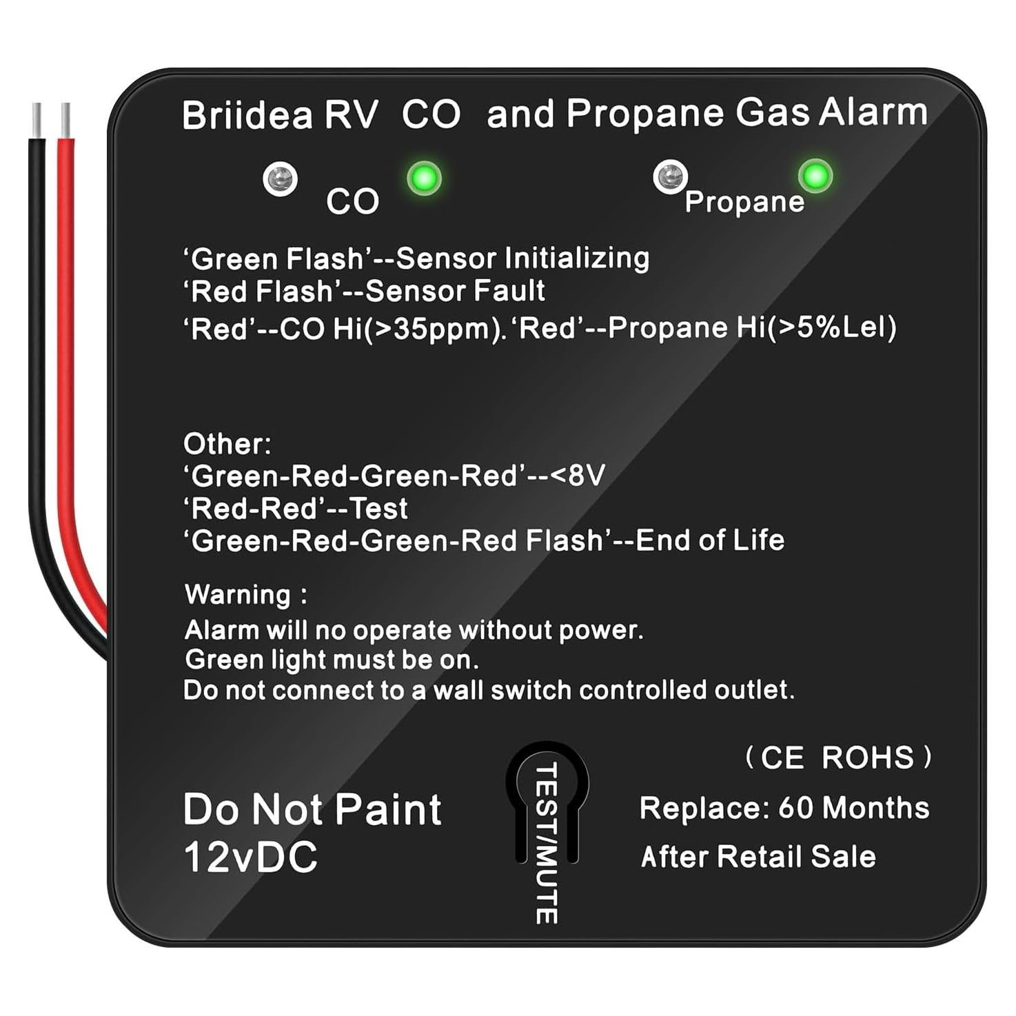 Detector de Monóxido de Carbono y Gas Propano Briidea 12V