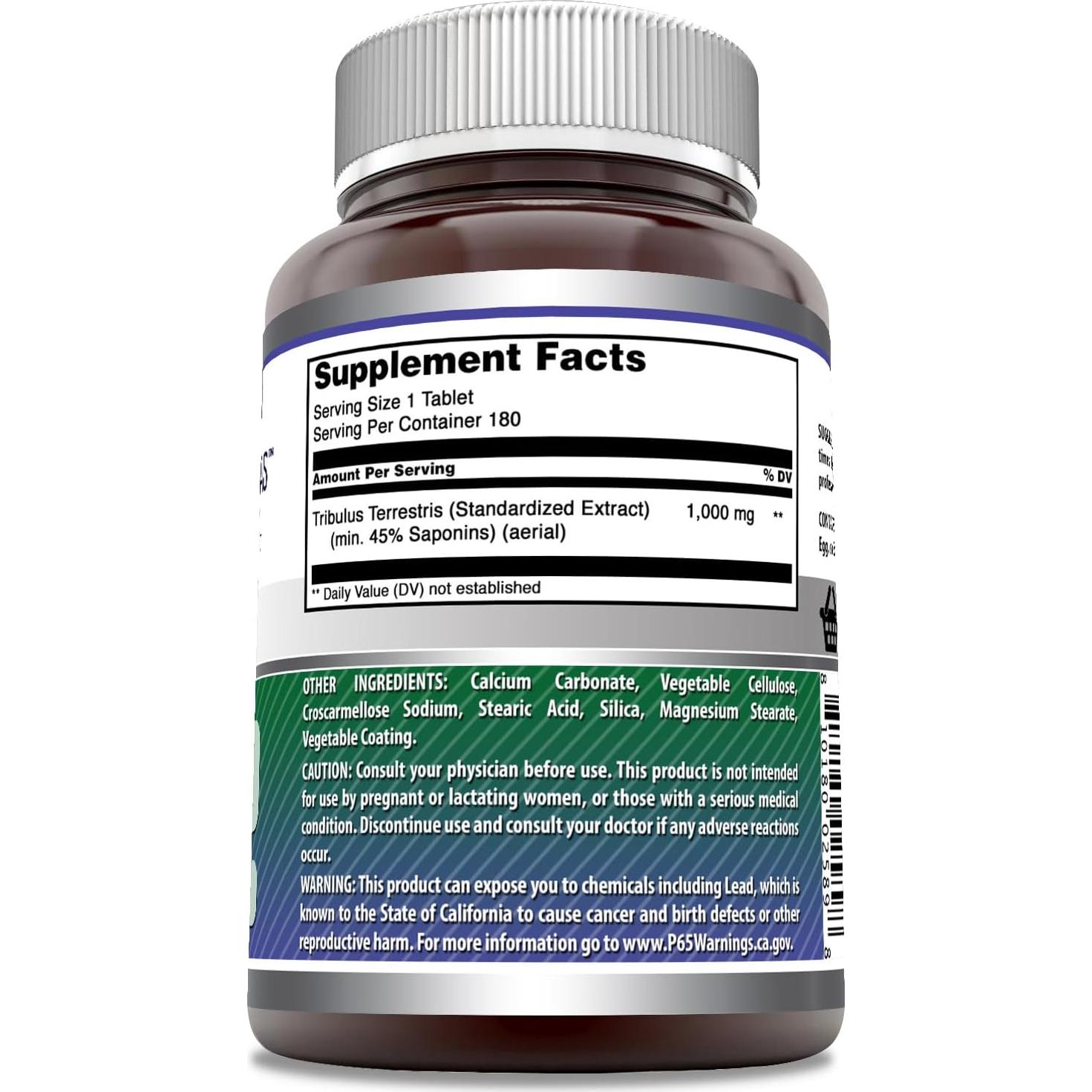 Suplemento de Tribulus 1000 Mg Fórmulas Asombrosas 180 Tabletas