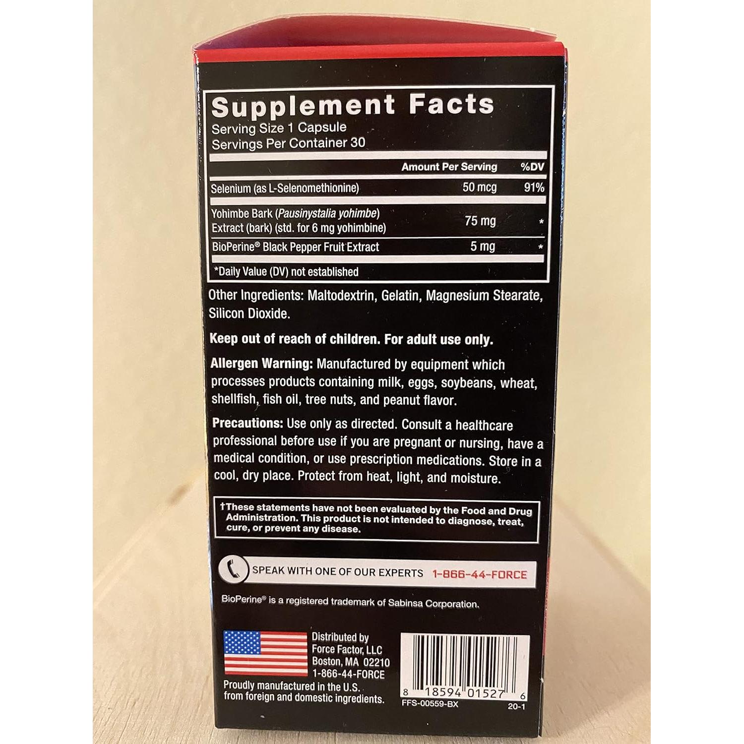 Suplemento Yohimbina Force Factor 30 Cápsulas 6mg Absorción Superior