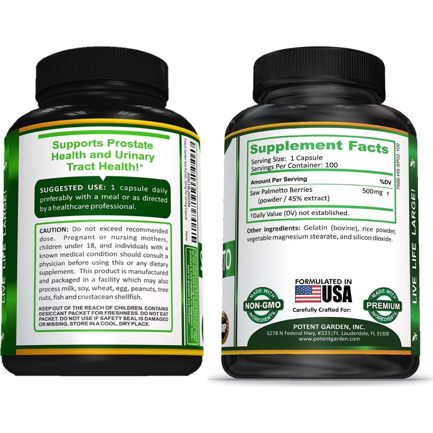 Suplemento Saw Palmetto 500 mg Potent Garden - 100 cápsulas