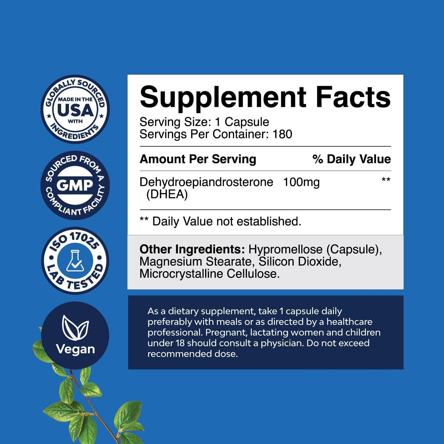 Suplemento DHEA 100mg Natures Craft - 180 Cápsulas para Equilibrio Hormonal