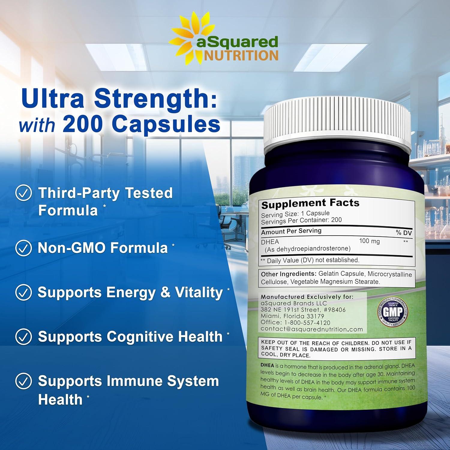 Suplemento DHEA 100mg aSquared Nutrition - 200 Cápsulas