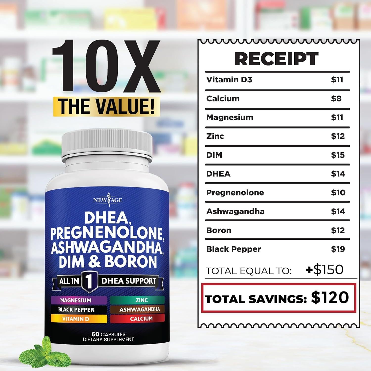 Suplemento DHEA Nueva Era 120 Cápsulas con DIM y Ashwagandha