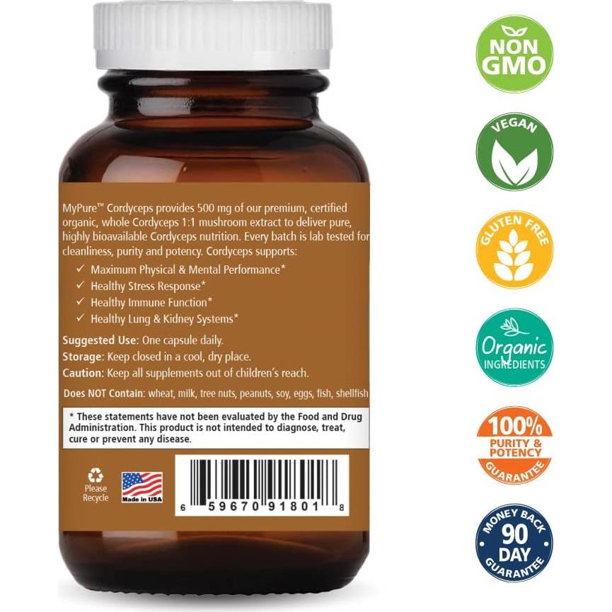 Suplemento Orgánico Cordyceps Pure Essence Labs - 30 Cápsulas