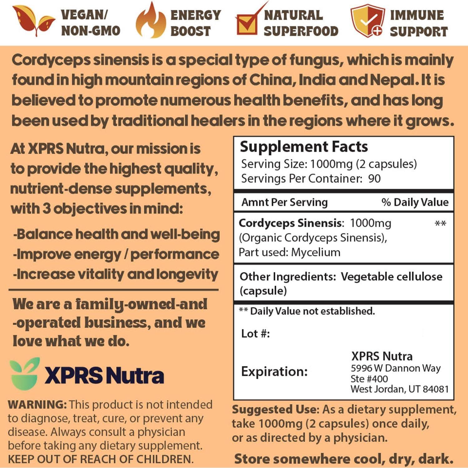 Cápsulas de Hongo Cordyceps XPRS Nutra - 180 Unidades - Energía y Resistencia