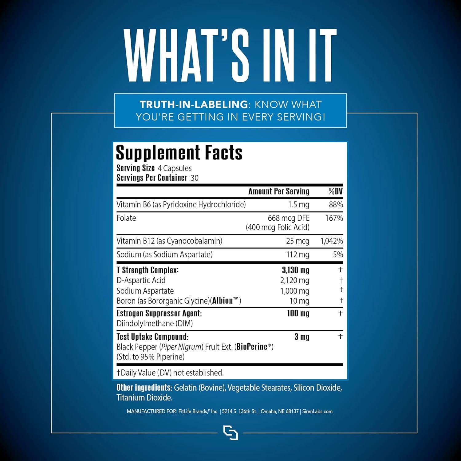 Siren Labs D1-T Suplemento Testosterona 120 Cápsulas