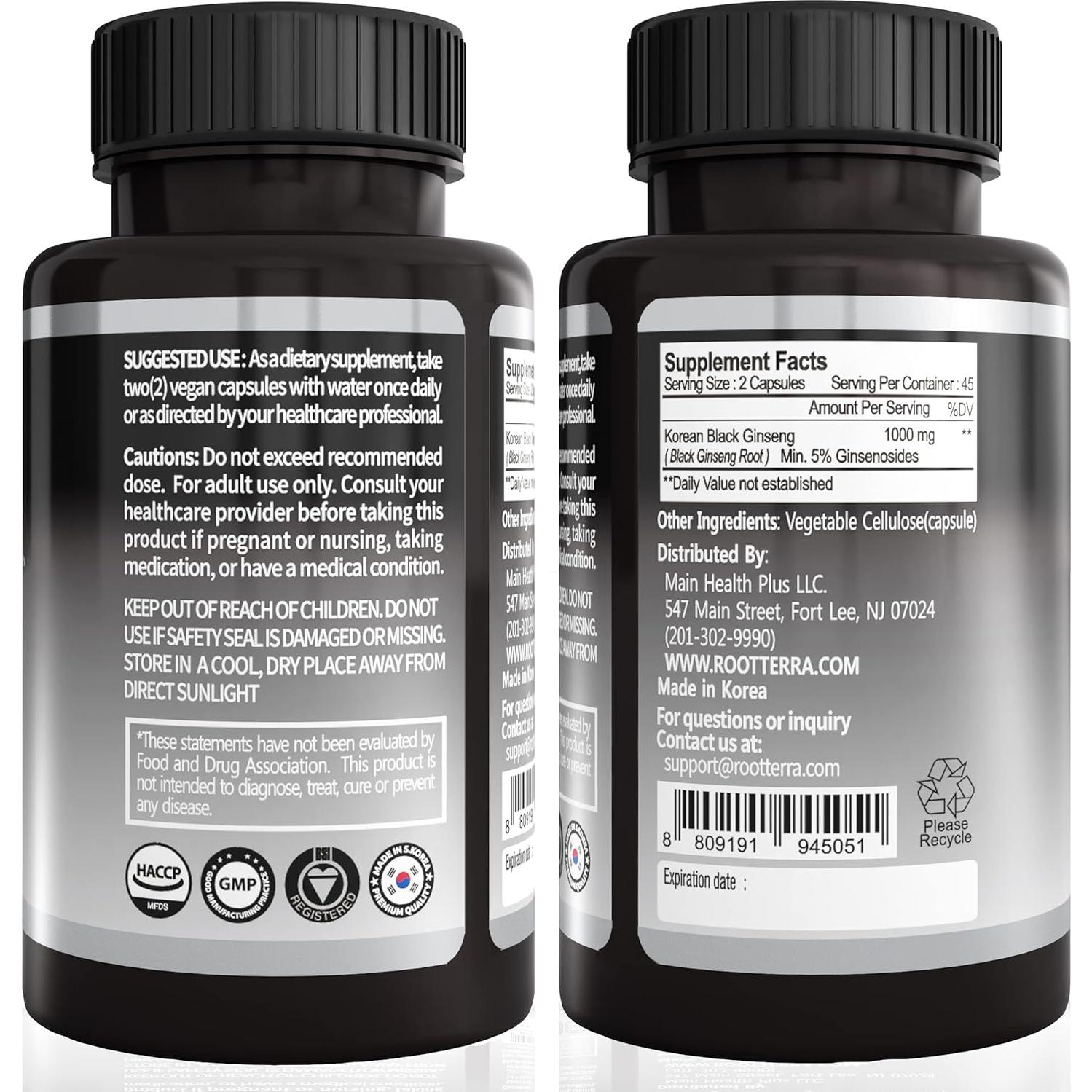 Cápsulas de Ginseng Negro Panax Coreano 1000mg - 90 Veganas