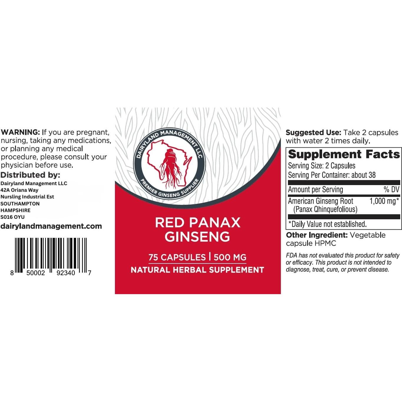 Cápsulas de Ginseng Rojo Panax Dairyland 2000 mg - 75 ct