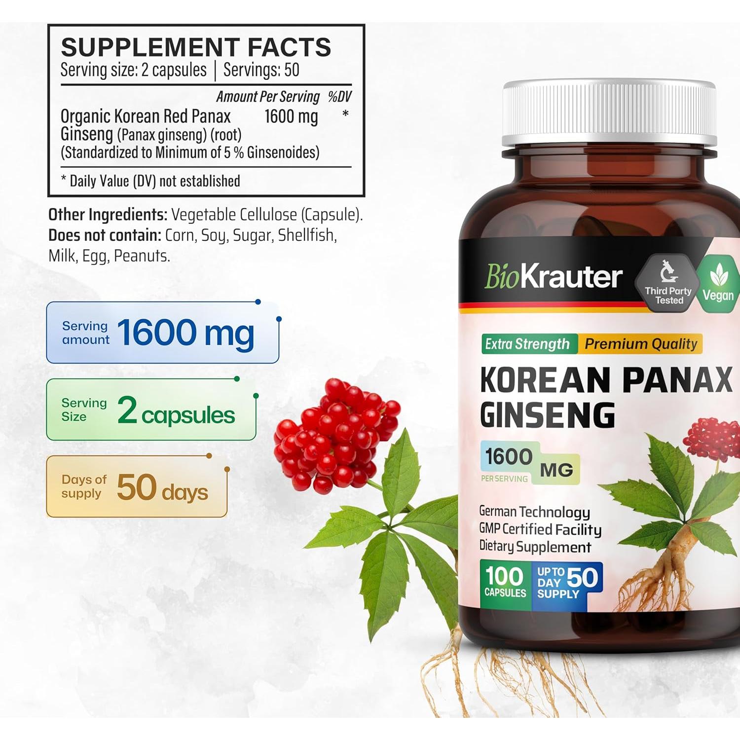 Cápsulas de Ginseng Rojo Coreano BIO KRAUTER 1600 mg - 100 Unidades