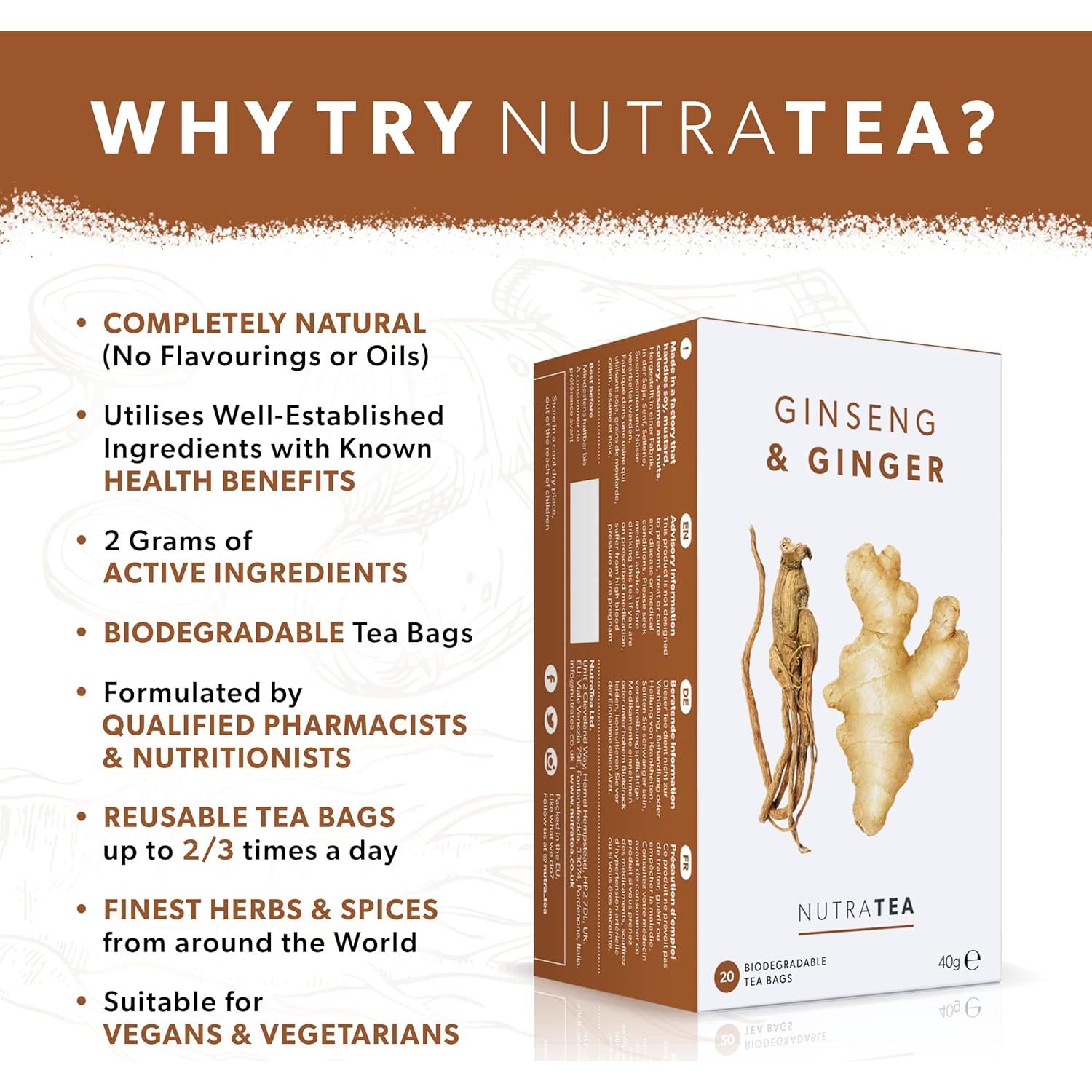 Té Herbal Nutra Tea de Jengibre y Ginseng - 20 Bolsitas