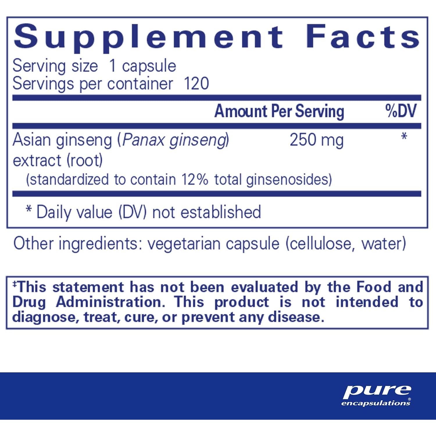 Suplemento Hipoalergénico Panax Ginseng Pure Encapsulations 120 Cápsulas