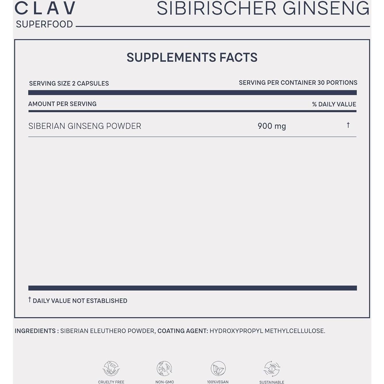Cápsulas de Ginseng Siberiano CLAV 900mg - Energía Natural