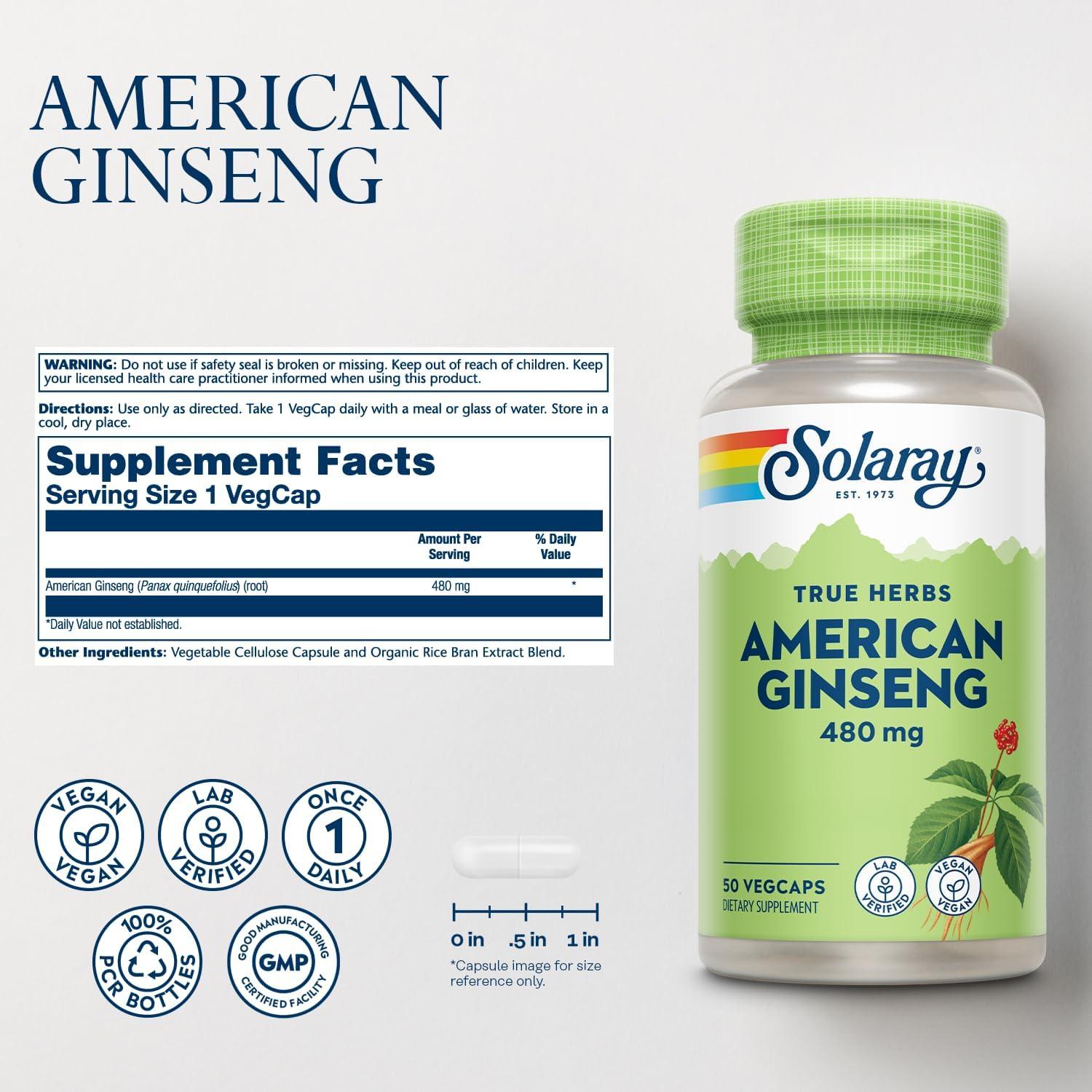 Ginseng Americano Solaray 480 mg - 50 VegCaps - Adaptógeno