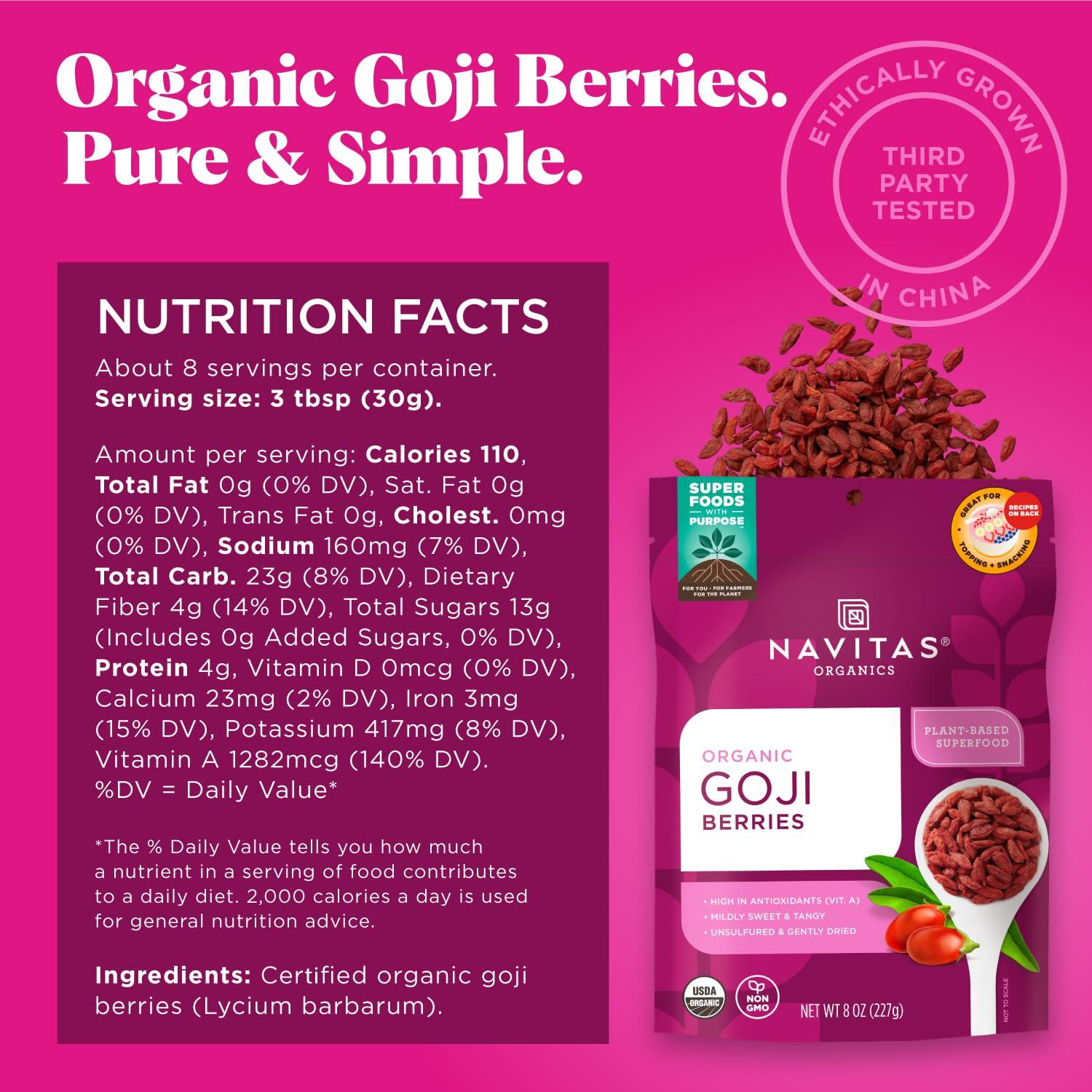 Bayas de Goji Orgánicas Navitas 226.8g - Antioxidantes y Fibra