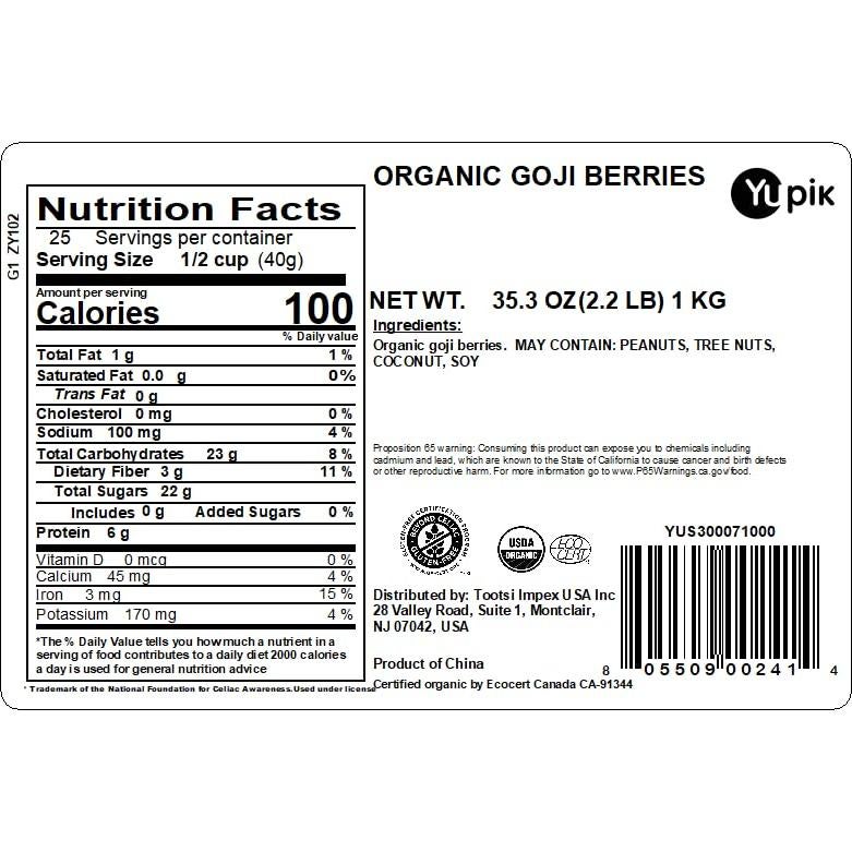 Bayas de Goji Secas Orgánicas Yupik 1 kg, Sin Gluten, Vegano