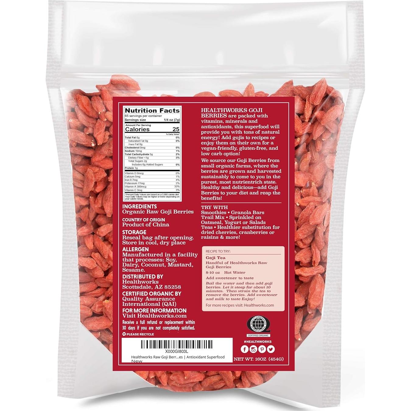 Berries de Goji Secas Orgánicas Healthworks 453.6g Veganas