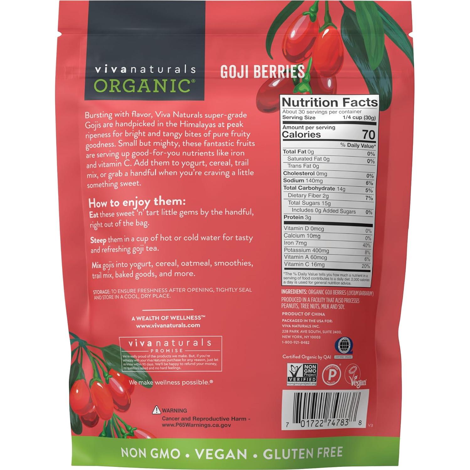 Berries de Goji Orgánicas Viva Naturals 0.91 kg Sin GMO