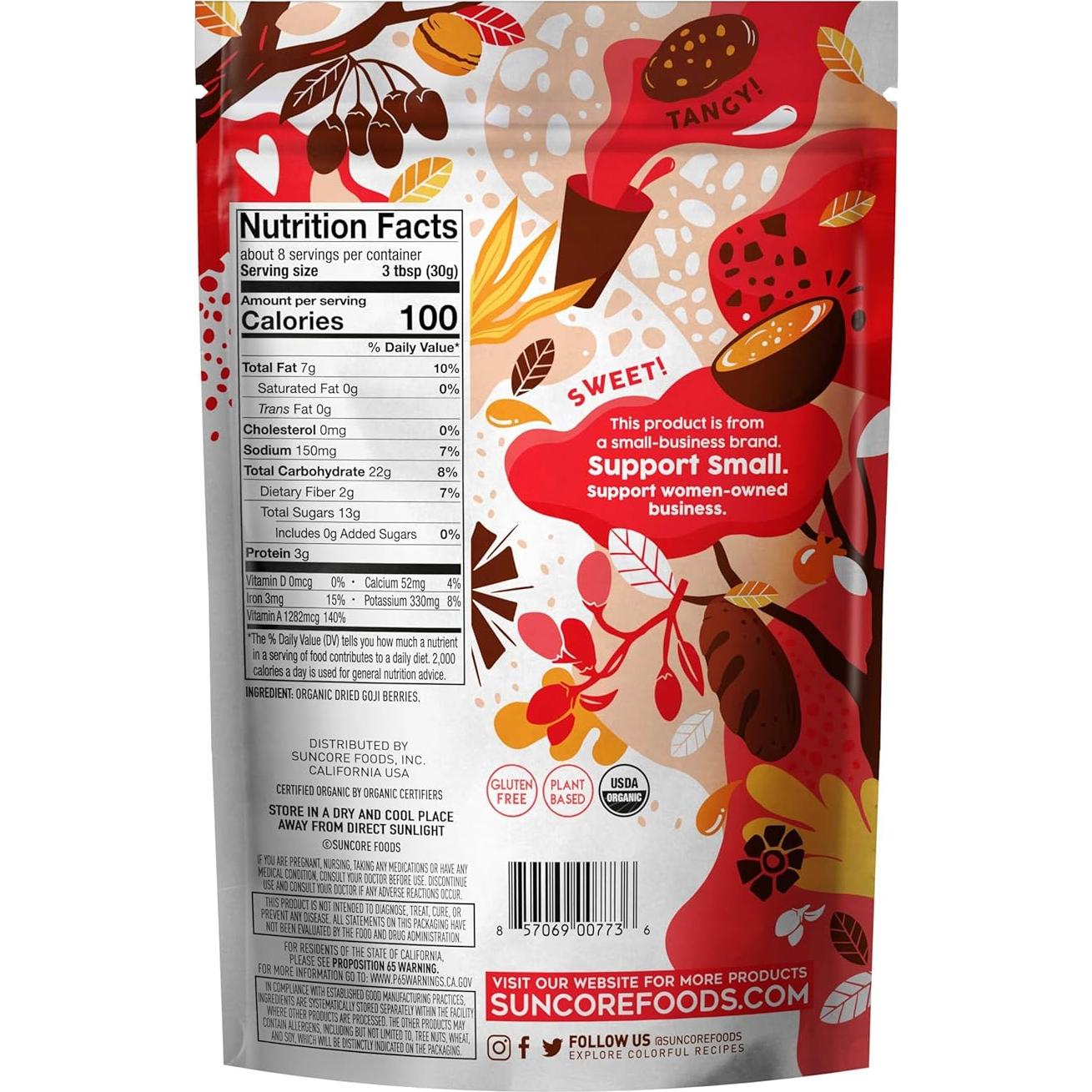 Berries de Goji Secas Suncore Foods 227g Orgánicas Sin Gluten