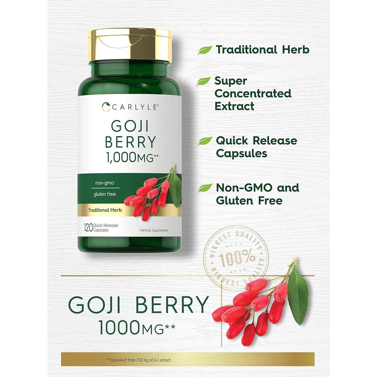 Cápsulas de Baya de Goji Carlyle 1000mg | 120 Unidades | Sin OGM