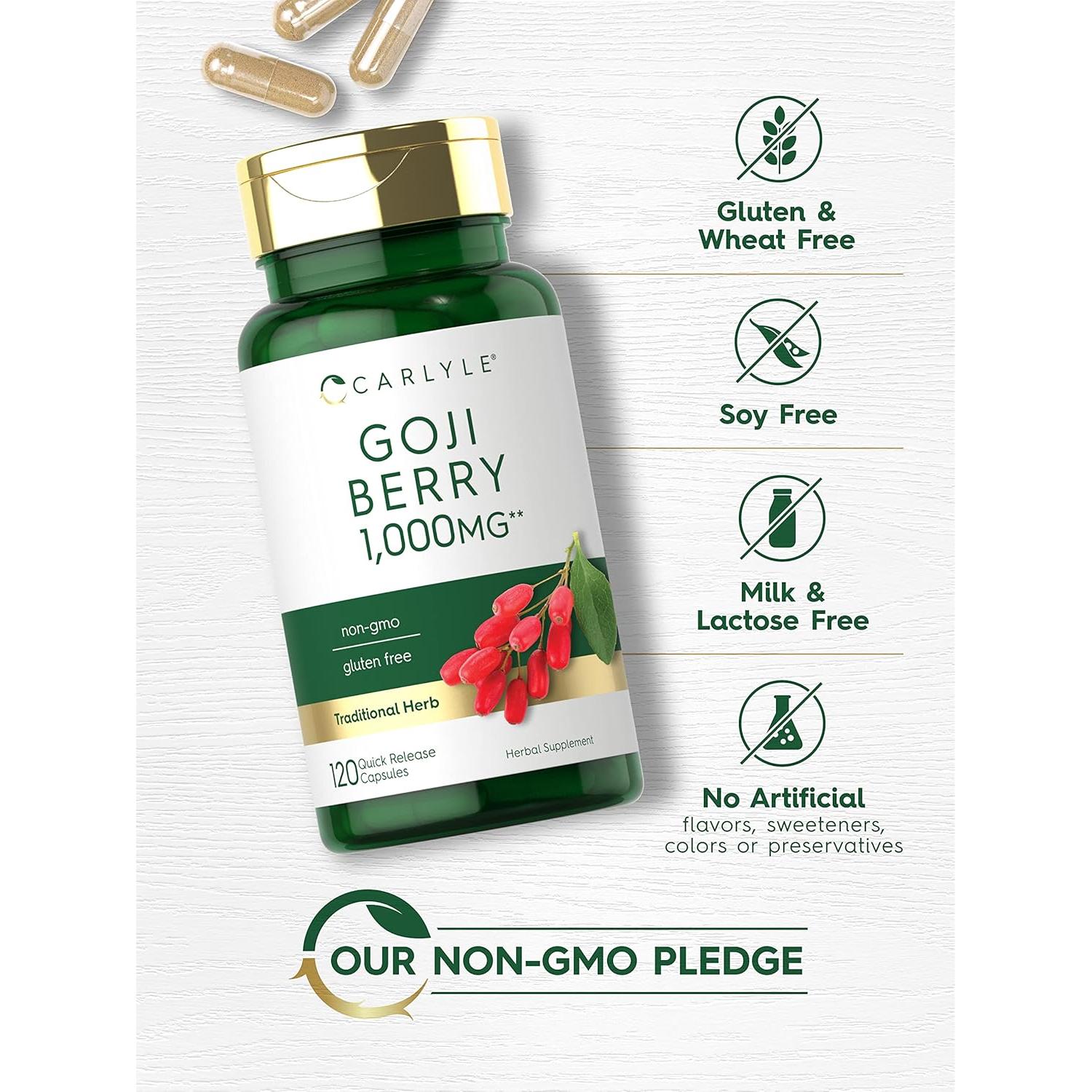 Cápsulas de Baya de Goji Carlyle 1000mg | 120 Unidades | Sin OGM