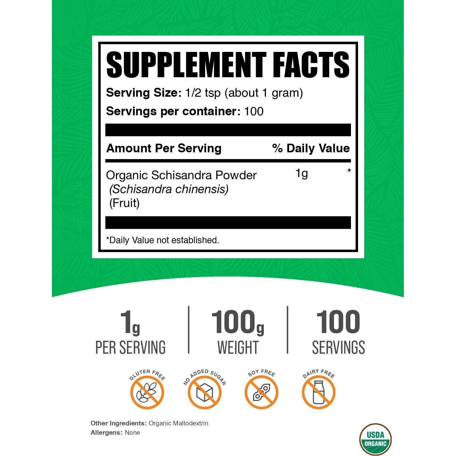 Polvo de Schisandra Orgánico BulkSupplements 100g - Suplemento Sin Gluten