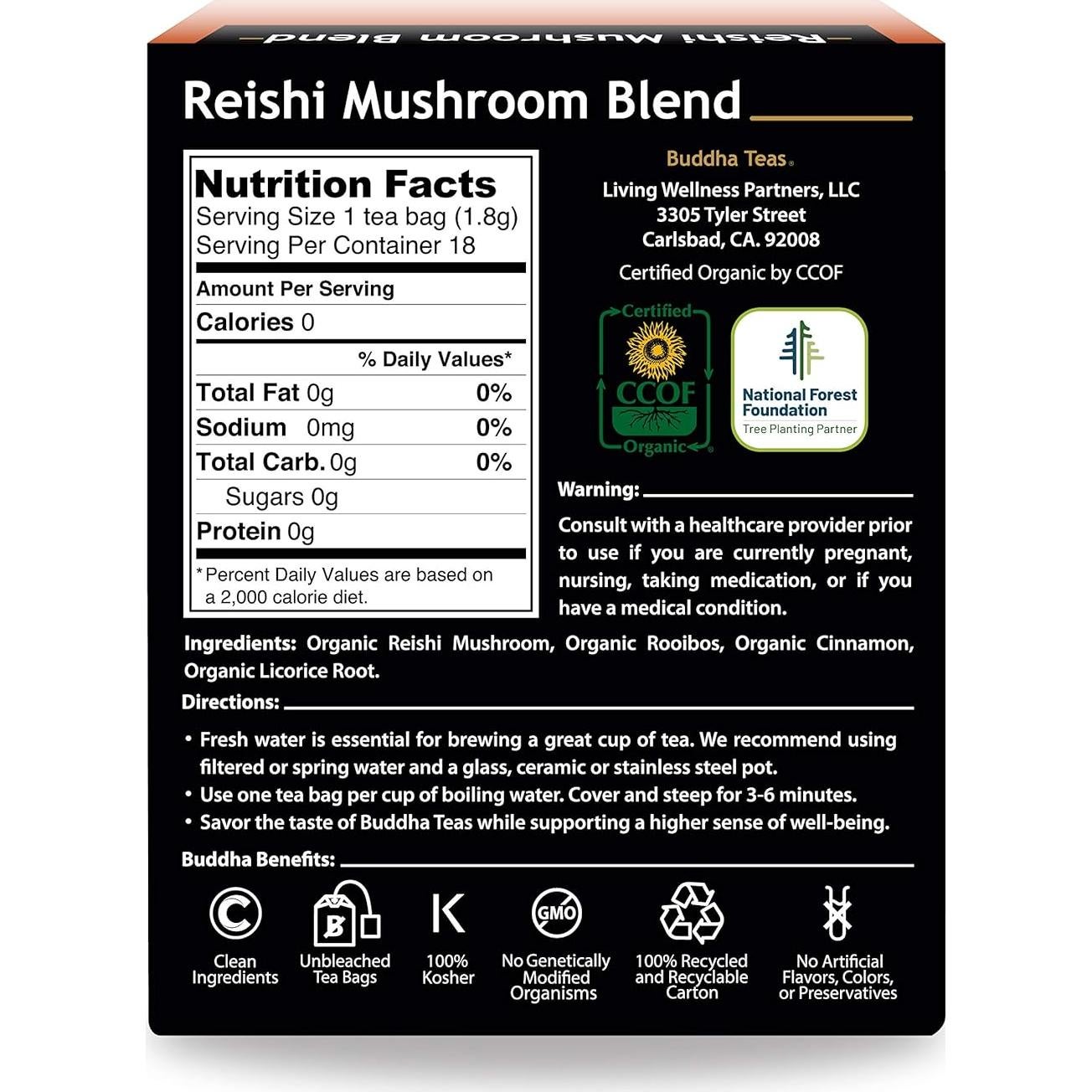 Té Herbal Orgánico Buddha Teas Champiñón Reishi 18 Bolsitas