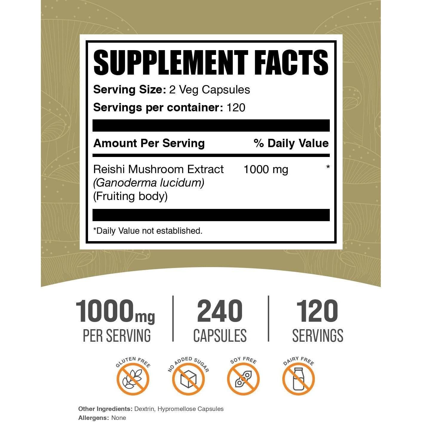 Cápsulas de Hongo Reishi BulkSupplements 1000mg - 240 Veganas