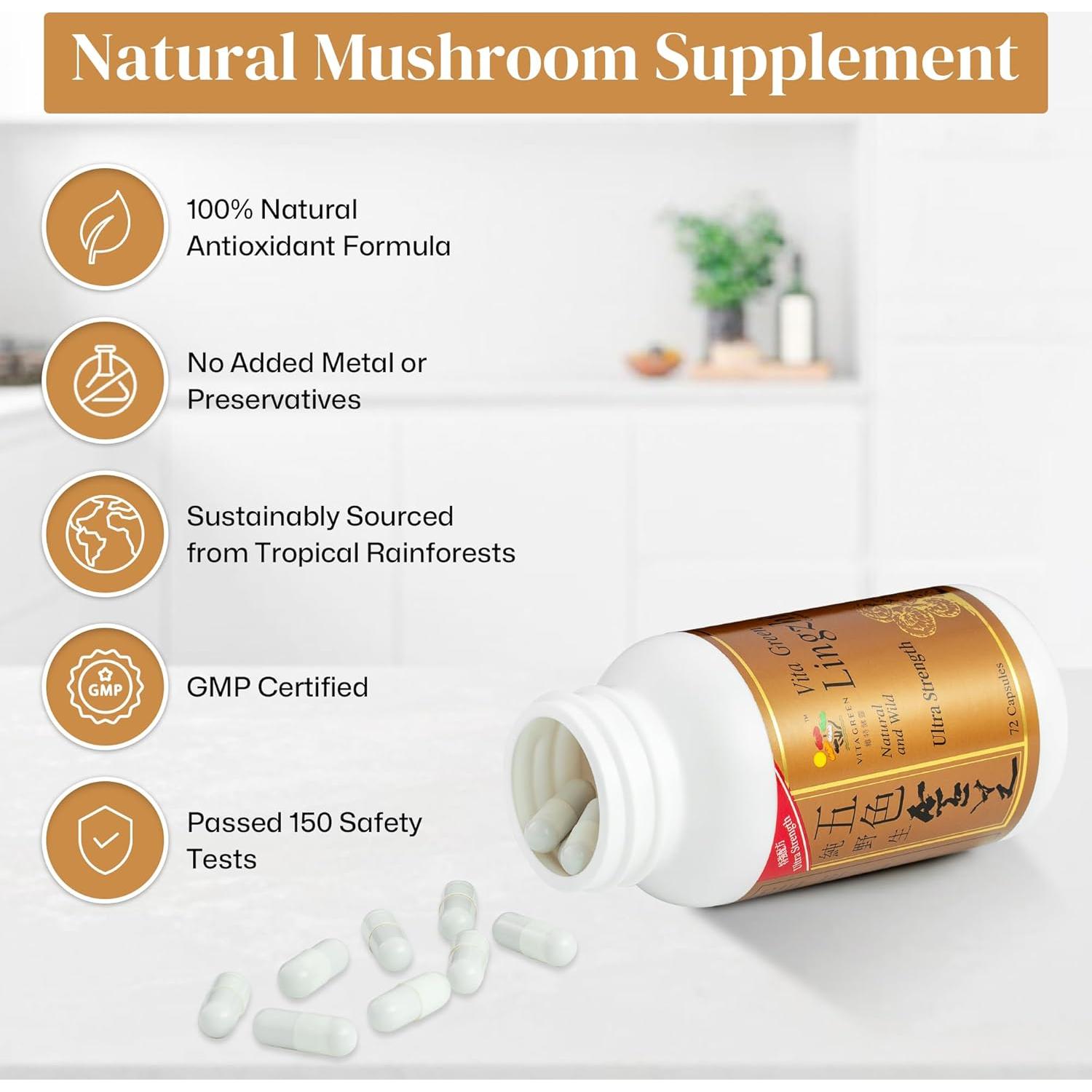 Cápsulas de Hongo Reishi Vita Green - Energía y Inmunidad - 72 Unidades