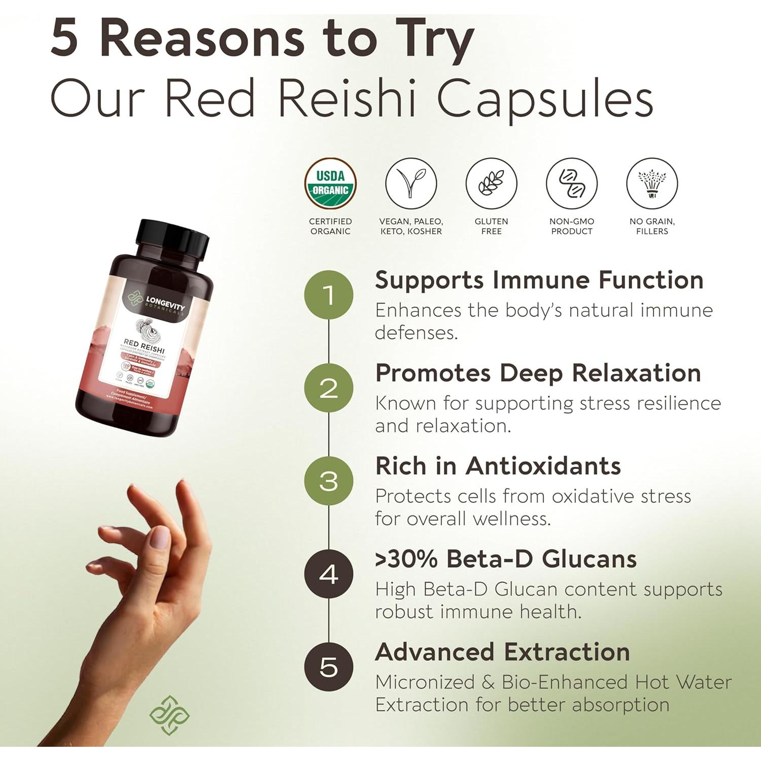 Cápsulas de Hongo Reishi Orgánico Longevity Botanicals 120 Unidades