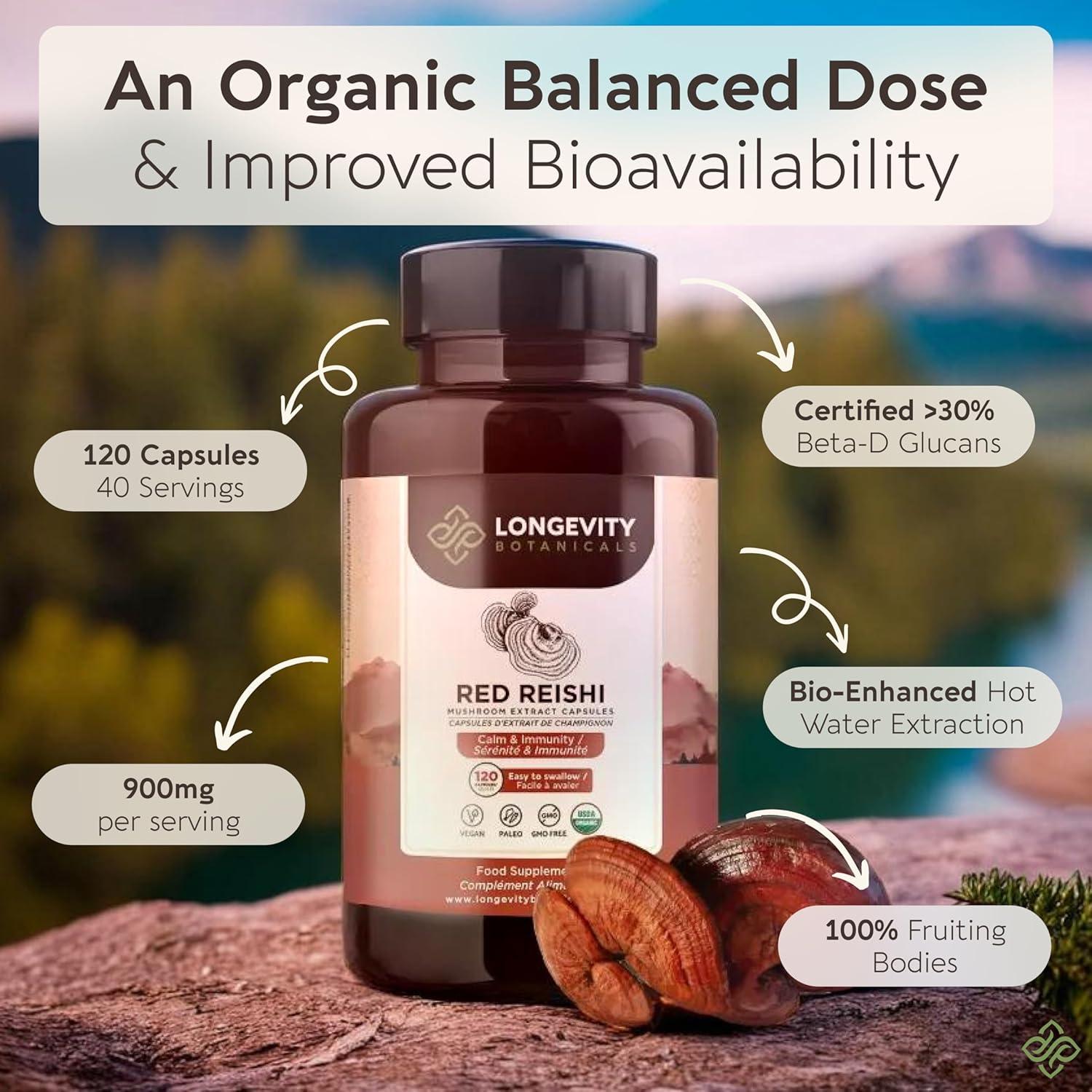 Cápsulas de Hongo Reishi Orgánico Longevity Botanicals 120 Unidades