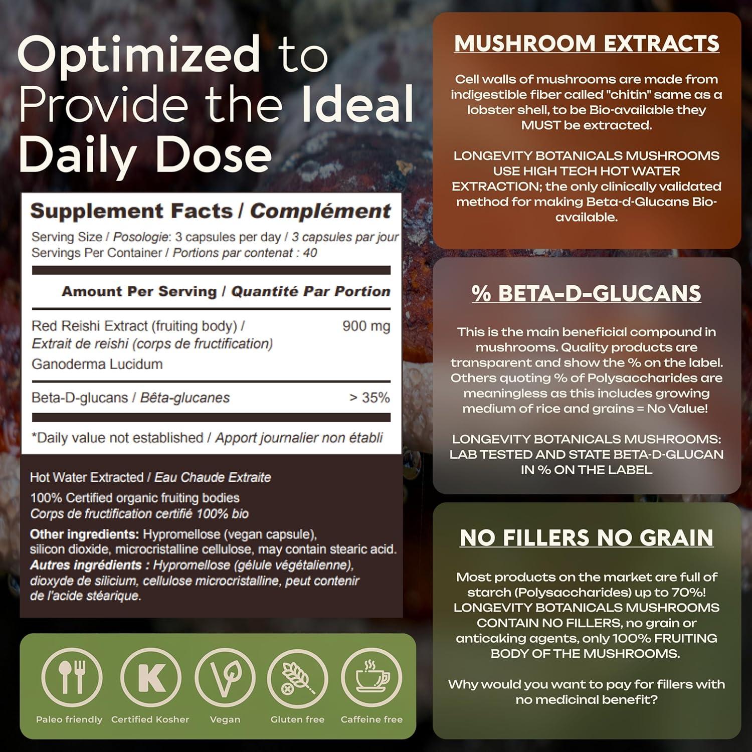 Cápsulas de Hongo Reishi Orgánico Longevity Botanicals 120 Unidades