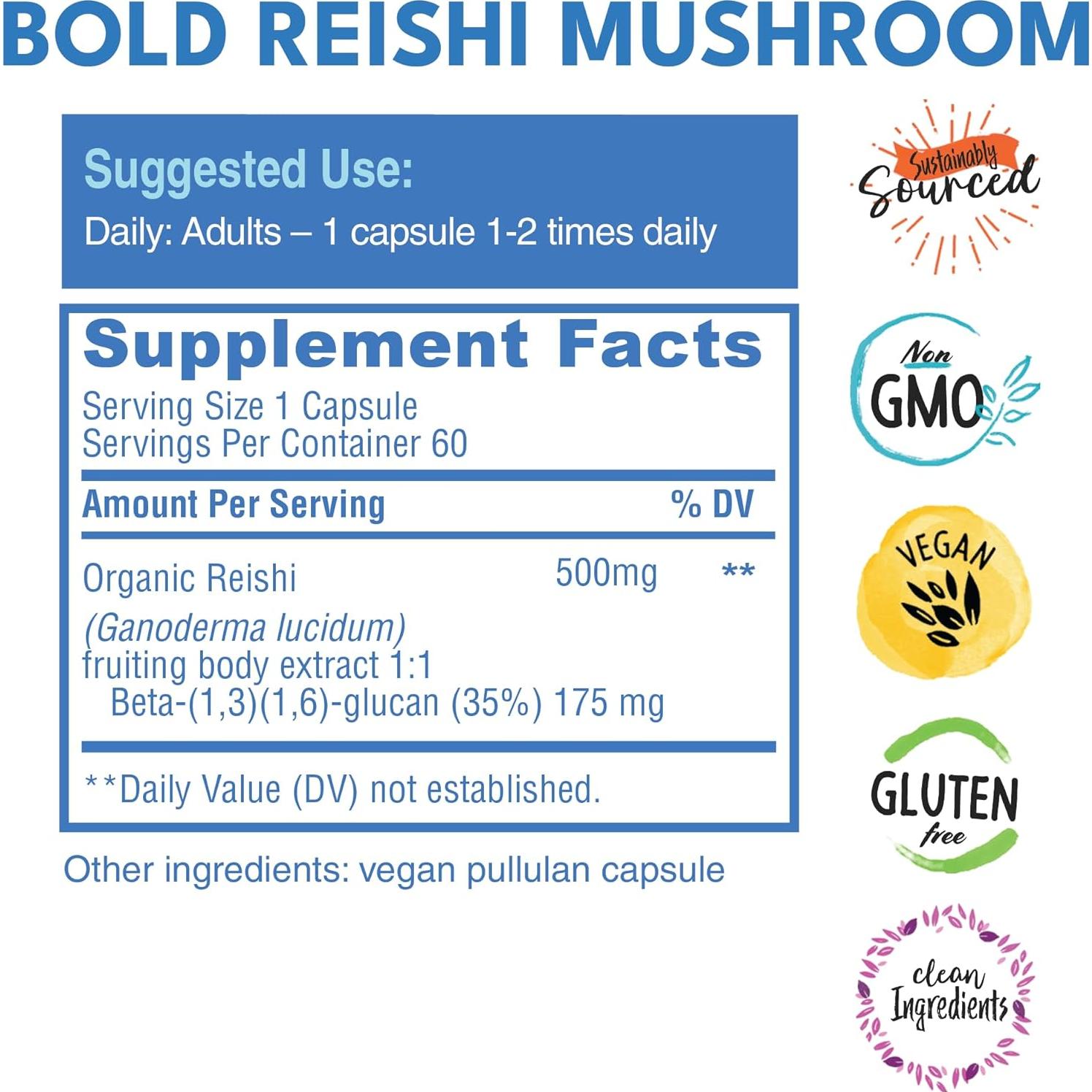 Cápsulas de Hongo Reishi Bold Botanica - 100% Orgánico - 60 Veganas
