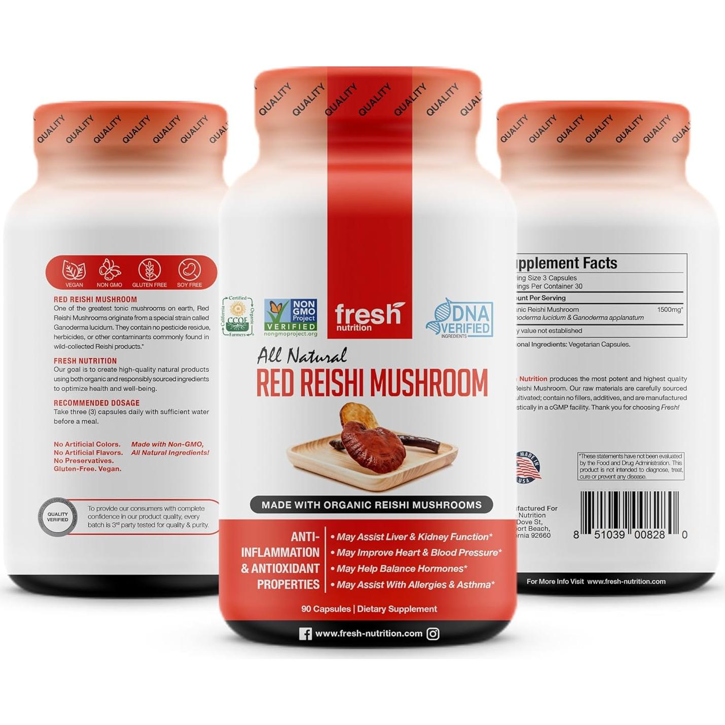Cápsulas de Hongo Reishi Orgánico Fresh Nutrition 90 Unidades