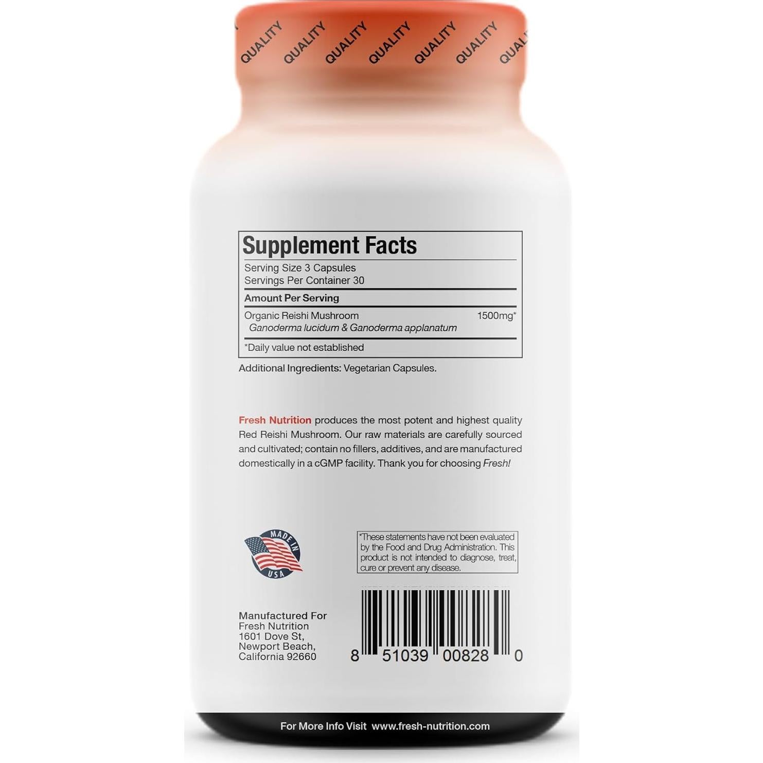 Cápsulas de Hongo Reishi Orgánico Fresh Nutrition 90 Unidades