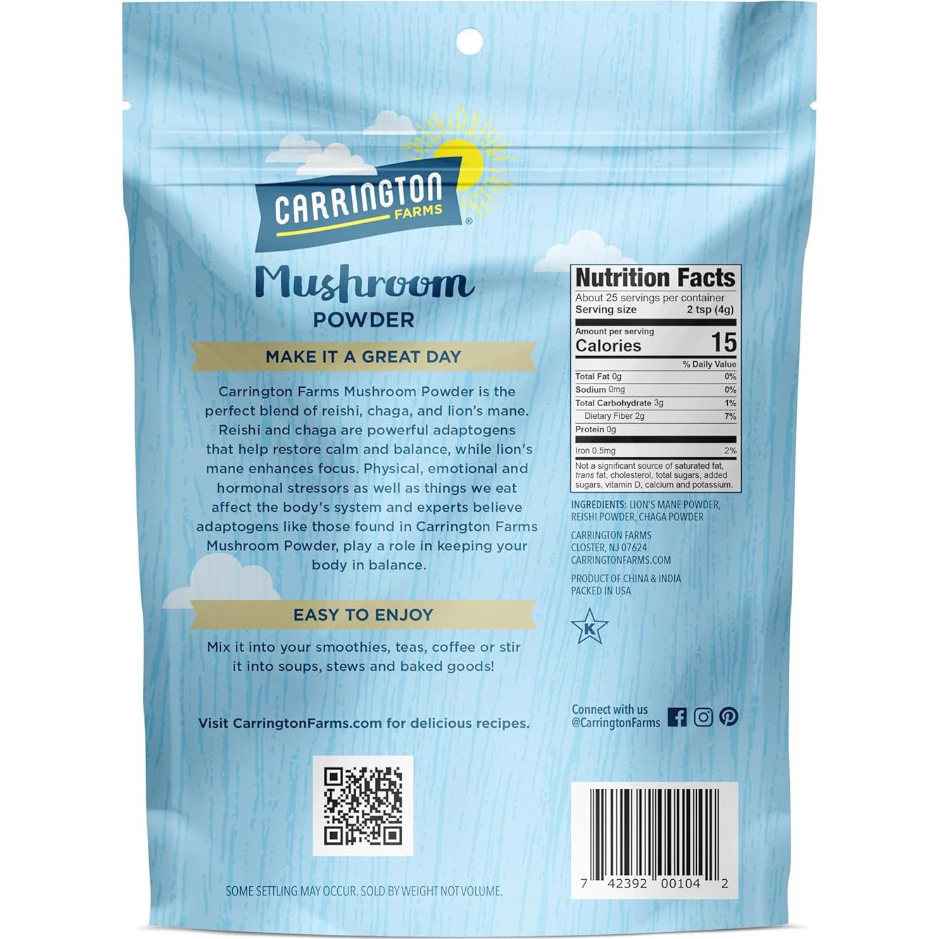 Polvo de Champiñón Carrington Farms 99.22 g - Adaptógenos