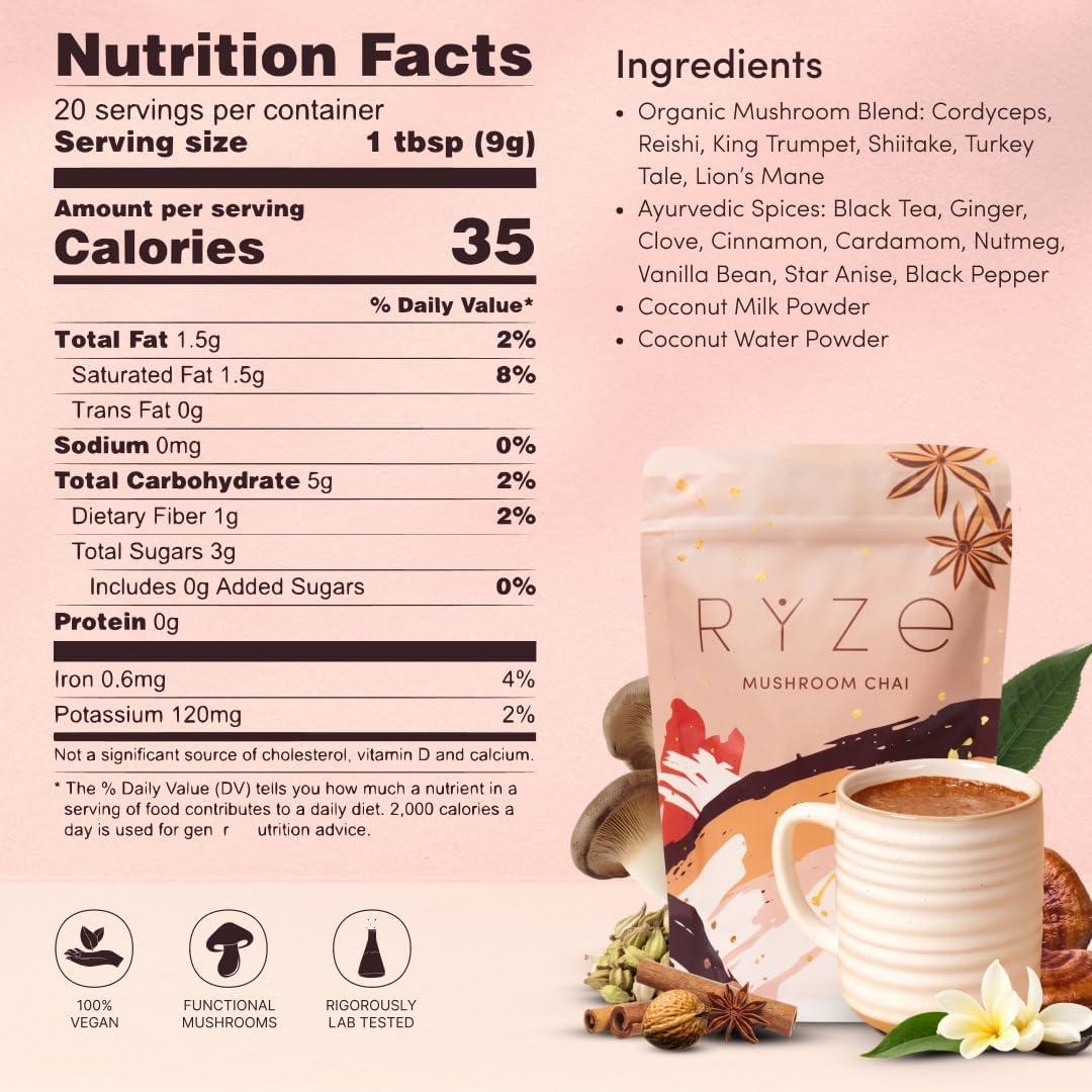 Chai de Champiñones RYZE con 6 Champiñones Adaptogénicos 20 Porciones