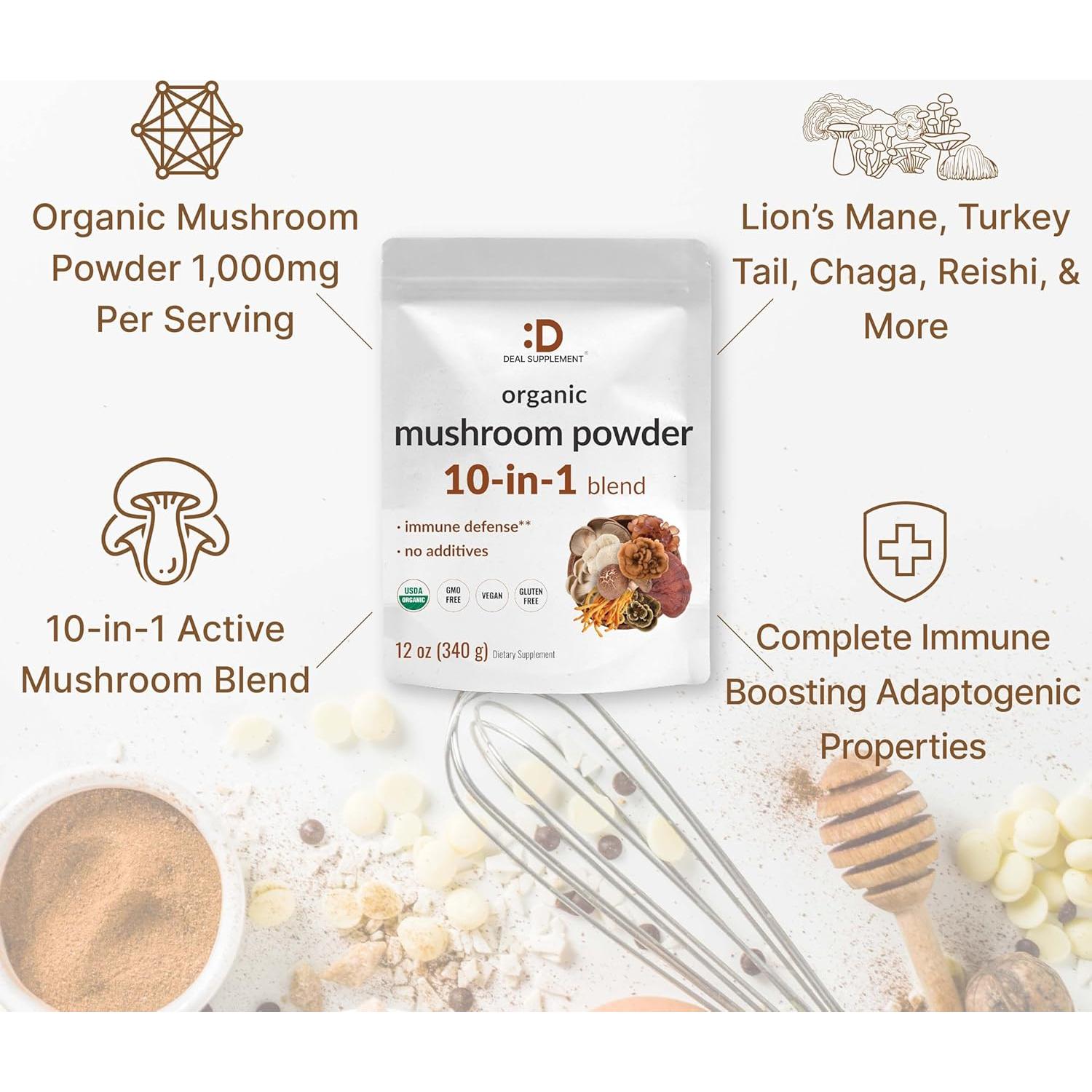 Suplemento Deal Polvo de Hongo Orgánico 340g 10 en 1 Energía Salud